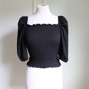 Black Puff Sleeve Smocked Top